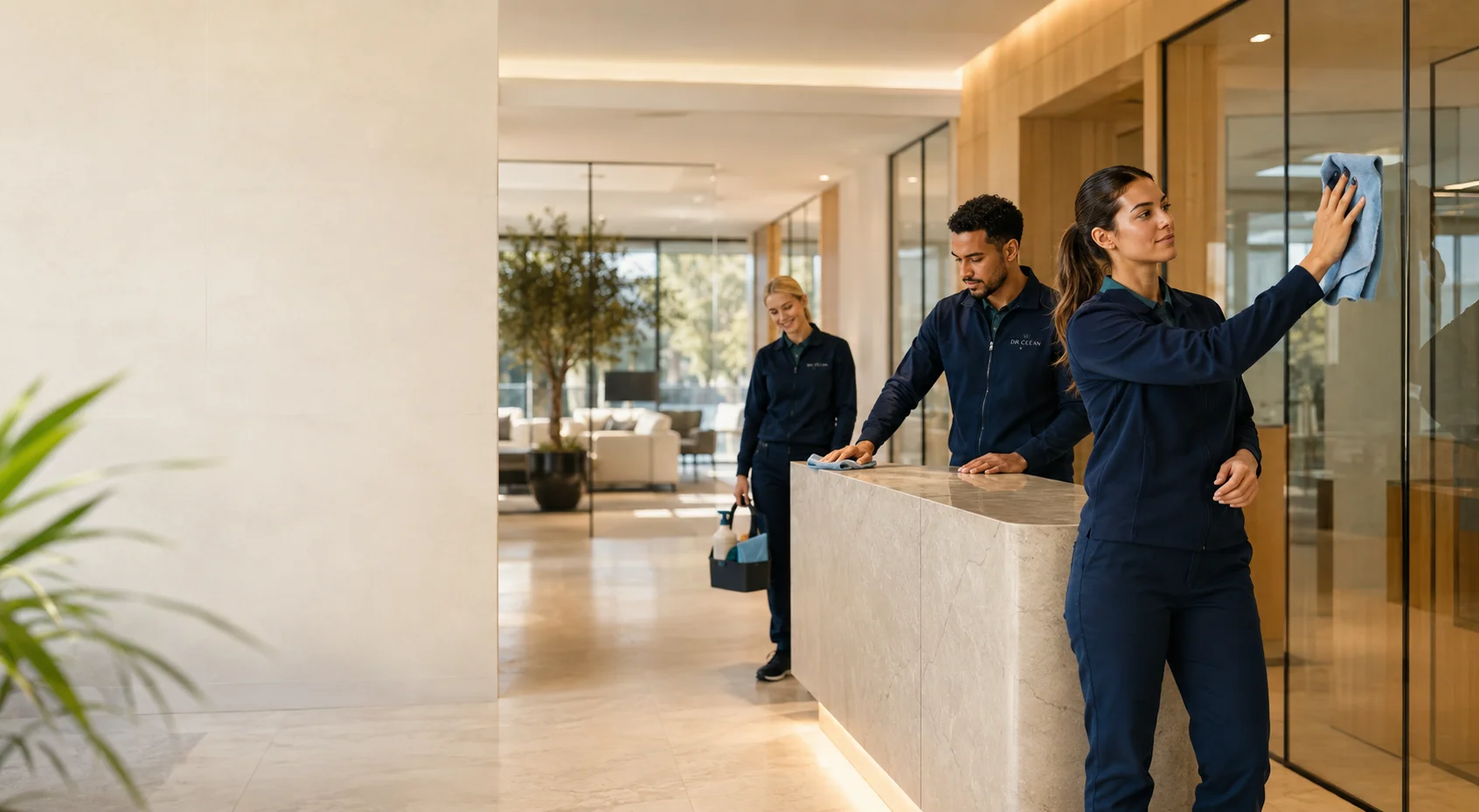 Professioneel schoonmaakteam in een moderne kantooromgeving